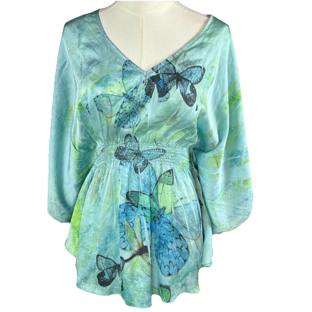 Y2K Studio Y Blue Silky Sleeveless Butterfly Top Blouse Elastic Waist Boho S/M